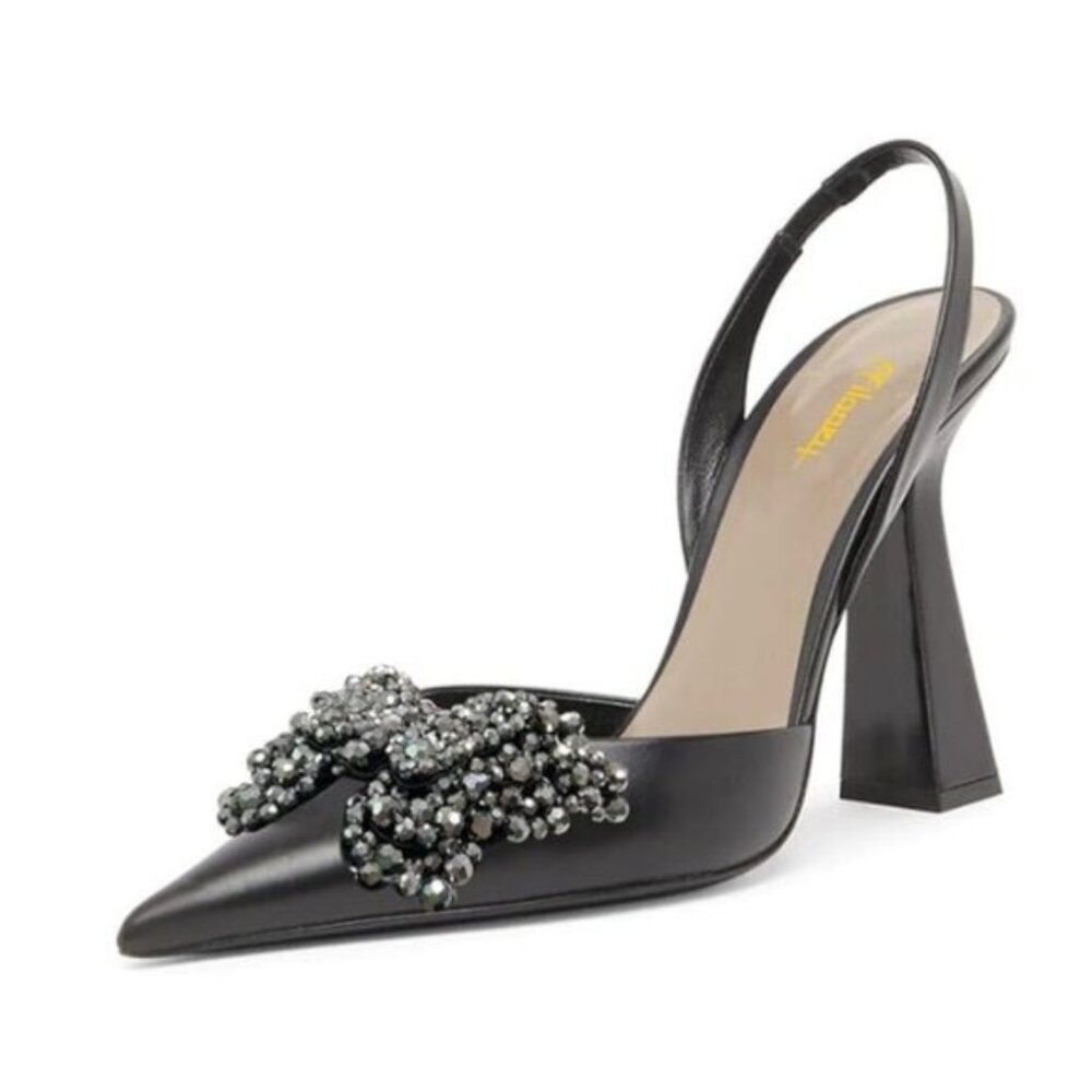 Elegant Black Slingback Heels with Embellished Bow